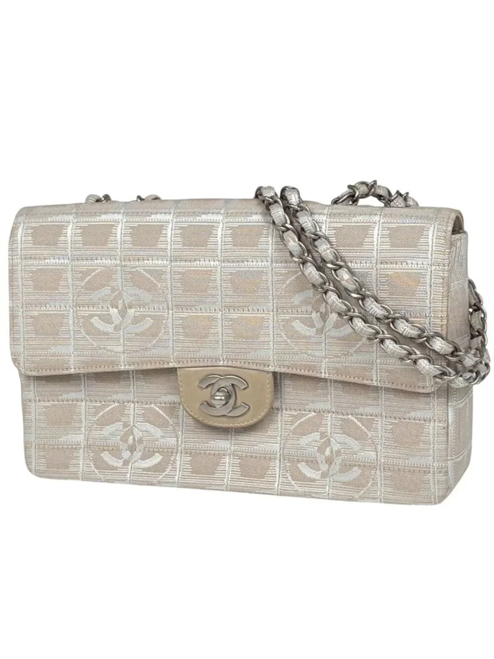 Chanel Shoulder Bag New Travel Line CC Logo Chain Nylon Jacquard Beige